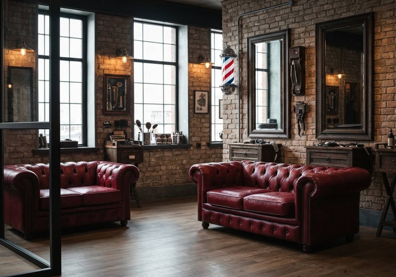 Barbershop wachtruimte met Chesterfield banken